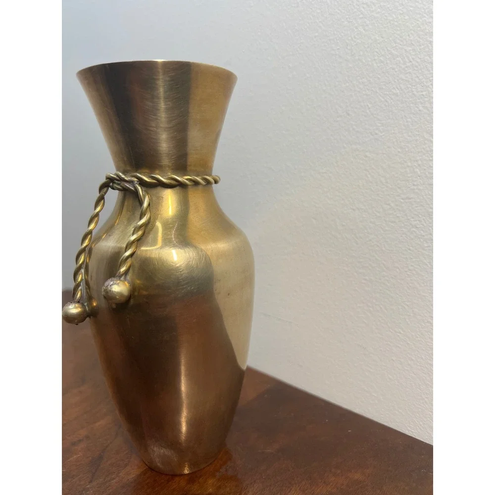 Vintage Brass Vase Rope Tie Tassel Detail Gold Metal MCM Boho Shelf Decor 7in